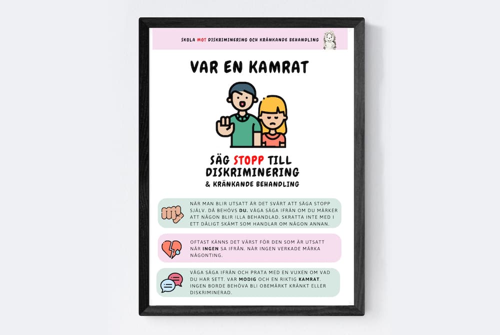 En färgglad plansch med en hand med ett hjärta på.